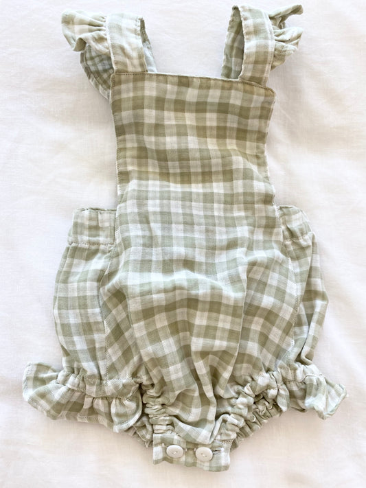 Marigold Romper - Cotton Double Cloth Gingham Sage