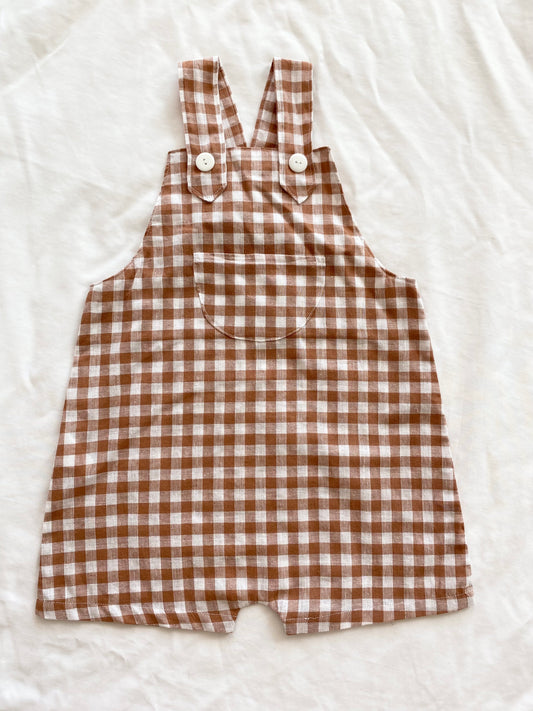 Boys Wear Loose Fit Overall - Flax Cotton Gingham Nutmeg