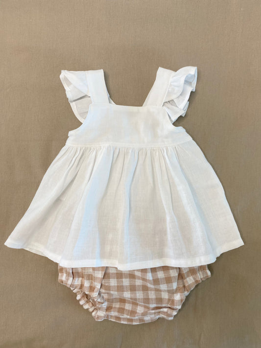 Marigold Peplum Set - Cotton Linen White Peplum and Flax Cotton Gingham Pine Bloomer