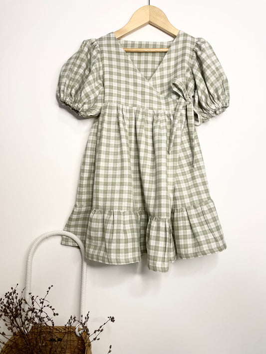 Ellis Wrap Dress - Cotton Double Cloth Gingham Sage